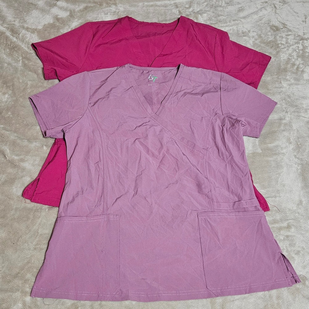 Lot of 2 GT Performance & SH Womens Scrub Tops Large Pink V-Neck Medical Wear